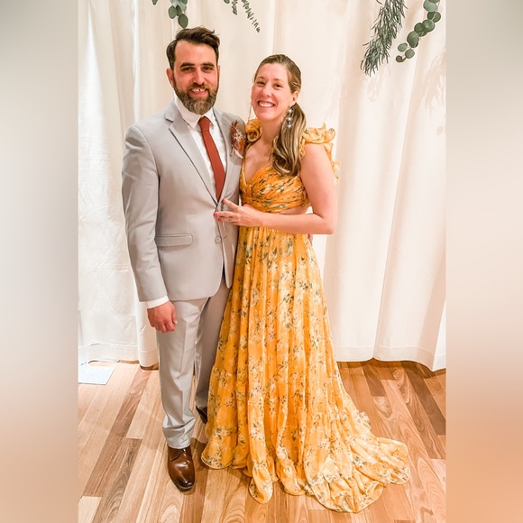 Mac Duggal | Dresses | Mac Duggal Yellow Ruffle Tiered Floral Cut Out  Chiffon Gown | Poshmark